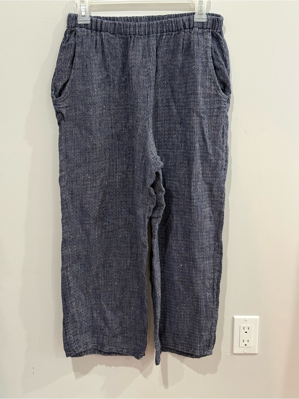 Flax S Relaxed Elastic Waist Navy Linen Pants 364